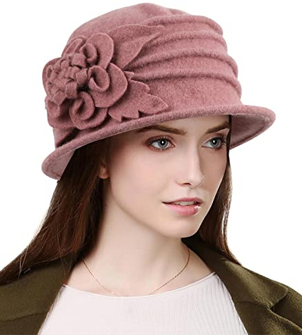 Wantonfy mössa hatt kvinnor basker vintermössor fransk vintage blommig ull klassisk vintermössa fransk keps 1920-talet, Rosa, one size