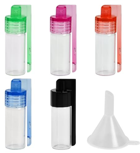 5 Piezas Herramientas para Polvo de Especias, Botella Vidrio con Embudo, 51 mm de Altura, Pequeñas Botellas de Vidrio para Rapé, Botella de Rapé para Acampar al Aire Libre Viajes (Color Aleatorio)