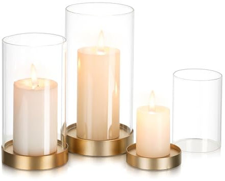 Glasseam Windlicht Glas Kerzenhalter Stumpenkerzen: 3er Set Groß Gold Kerzenständer mit Glaszylinder für Wohnzimmer Deko, Outdoor, Weihnachten, Hochzeit Dekoration