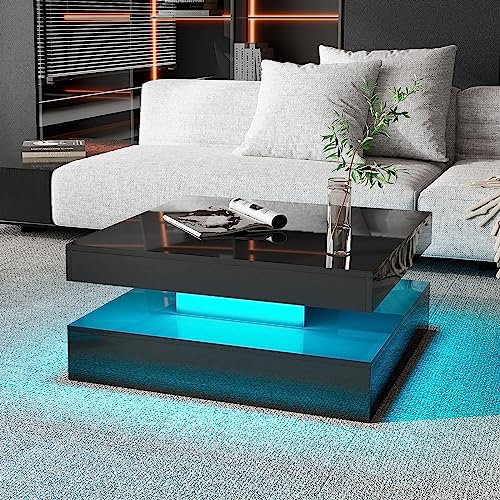 KEEPREAPER Couchtisch Wohnzimmertisch, Sofatisch mit LED Beleuchtung modern für Wohnzimmer, 78 x 78 x 40 cm (Schwarz)