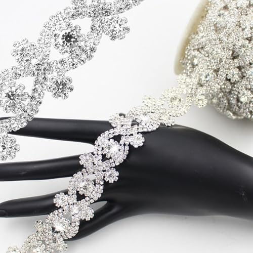 PEARLY JUN 91 Cm Silber Strassband Zum Aufnähen Glitzerband | Rhinestone Chain Strassband Chain Kette Glitzer Annähen Trim DIY für Hochzeitskleid Dekoration Kleidung Kuchen