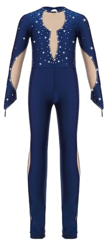 Yruioon Kinder Turnanzug Mädchen Gymnastikanzug Ganzkörper Trikot Mesh Patchwork Ballettanzug Langarm Eiskunstlauf Body Sport Overall Jumpsuit Marine Blau 158-164