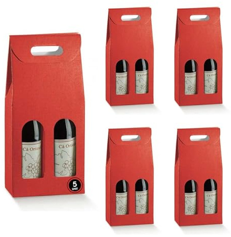 5 x rote Pappschachtel mit Fenster und Trennwand für 2 Weinflaschen, 18 x 9 x 38,5 cm – Verpackung für Weinflaschen, für Geschenke zu Weihnachten, Ostern, Geburtstag, für Weinkeller