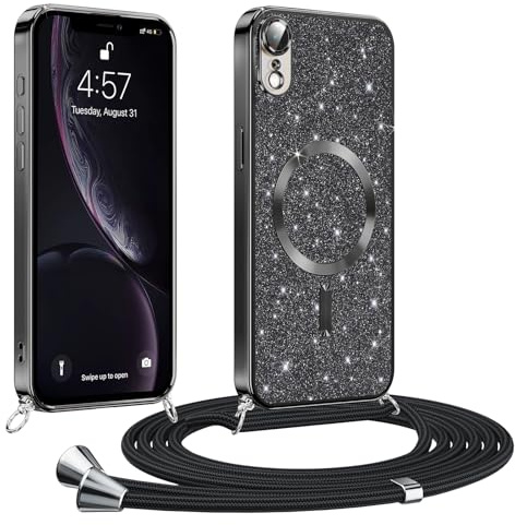 Phoona handyband Hülle für iPhone XR mit Band, Glitzer Handyhülle Kompatibel mit MagSafe, Ganzkörperschutz Kratzfeste Stossfest Schutzhülle mit Einstellbar Kette, Schwarz