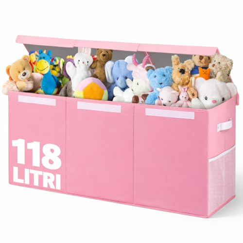 BAKAJI Cajas para juguetes para niños, caja de almacenamiento con tapa y 3 compartimentos, porta juegos de dormitorio plegable de TNT, cajas organizadoras Box capacidad 118 litros, 91,5 x 32 x 40,5 cm