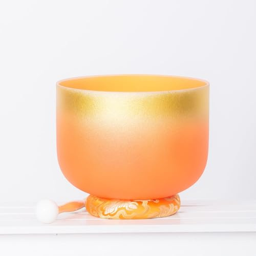 432 Hz Gold-Orange D-Note Kristall-Klangschale, Klangschale Chakra-Schale Drittes Auge-Chakra, Geschenk for Yoga-Meditation & Klangheilung, mit Gummihammer & O-Ring(8Inch)