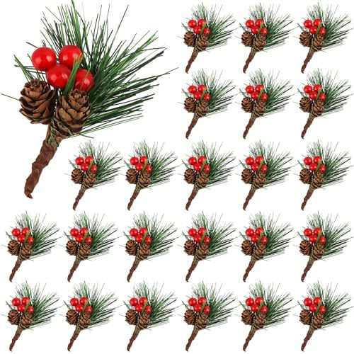 24 Pezzi Rami di Pino Artificiale di Natale, Rami di Abete Artificiali con Bacche e pigne, Rami di Bacche Pigne per Decorazione Natalizia Ghirlande Floreali, Coni di Pino Naturali con Bacche (A)