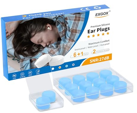 EXGOX 7 Pairs Silicone Ear Plugs for Sleeping Noise Cancelling Reusable Moldable Wax Earplugs for Swimming, Work, Airplane, SNR27dB(Blue)