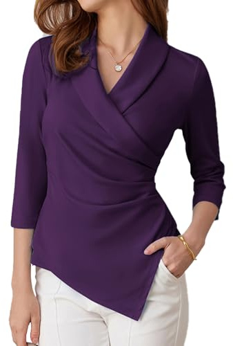 GRACE KARIN Top da donna con scollo a V, maniche a 3/4, camicia a tunica, elegante, plissettata, camicetta da ufficio casual
