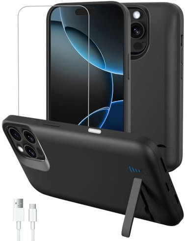 Gladgogo Akku Hülle für iPhone 17/iPhone 16 Pro, 8500mAh Akkuhülle mit Ständer,Wiederaufladbar Batterie Ladehülle Akku mit Schutzfolie,Tragbares Batterieladegerät Hülle Power Bank, Schwarz