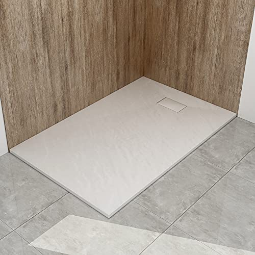 WITEN&NOCK flache SMC Duschtasse 140x80cm Steinoptik Anti-Rutsch 32mm weiß | Ø90mm DIN-Anschluss, bruchfest, zuschneidbar, Vielseitige Montage, hygienisch, einfach zu reinigen für Duschkabine Duschwand
