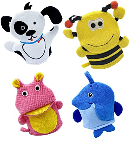 Kinder Badehandschuhe Tierform -pack aus Composite Cotton | Waschen im Bad der Dusche, Kreative Form, Weich für Kinder, 4 Stück