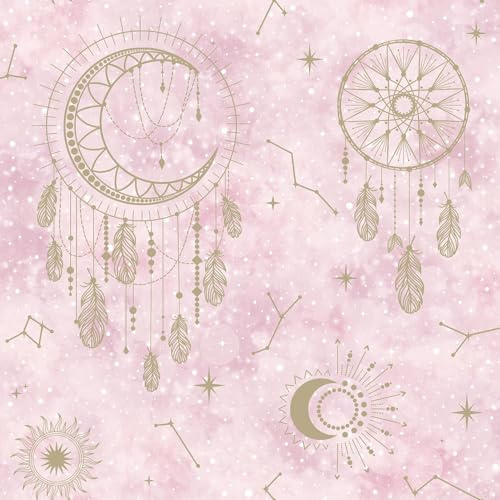 Dreamcatcher Pink Gold Wallpaper Children's Bedroom Stylish Feature Wall Kids Nursery Stars Feathers Sun Moon