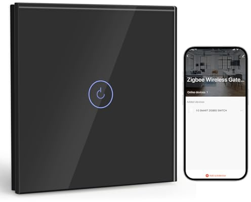 BSEED Smart ZigBee Unterputz Lichtschalter 1 Fach 1 Weg, intelligenter Wandschalter mit Alexa und Google Home, Touchscreen Schalter mit Glaspanel(Neutralleiter, Hub Gateway erforderlich) Schwarz