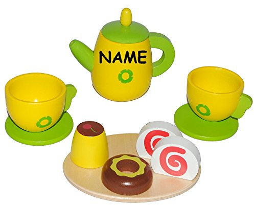 11 TLG. Set - Puppengeschirr mit Kuchen aus Holz - incl. Name - Kaffeekanne + Teller + Tassen - Geschirr - Kindergeschirr/Kaffeeservice/Teeservice - Spiel..