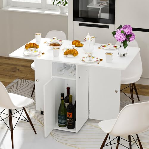 Rcynview Tavolo da Pranzo Allungabile, Tavolo Pieghevole con Ruote, Bianco | 110x70x78cm Tavolo Pieghevole con Ampio Spazio Contenitivo, Adatto a Ristoranti e Cucine, Ruote Girevoli e Bloccabili