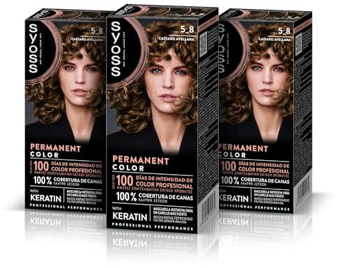 SYOSS Permanent Color 5-8 Marrone Nocciola, tintura per capelli e maschera intensiva con cheratina per una copertura professionale dei capelli grigi, colore duraturo e cura intensiva, confezione da 3