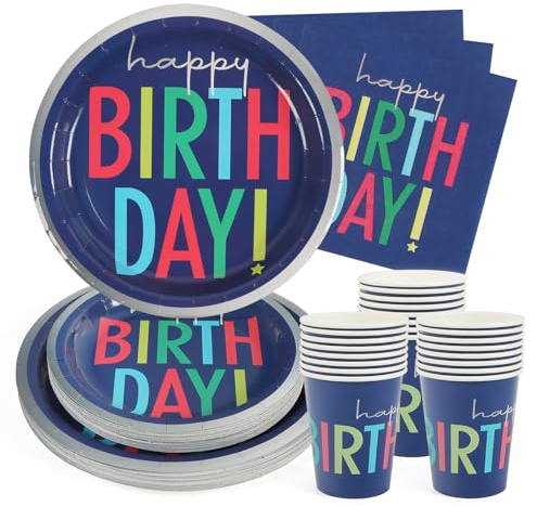 PARTY GO Partygeschirr 96 Stück Blau Kinder Geburtstag Partyteller Party Supplies Set enthält Pappteller Servietten Besteck für Geburtstagsparty Dekorationen Baby-Dusche-24 Gäste