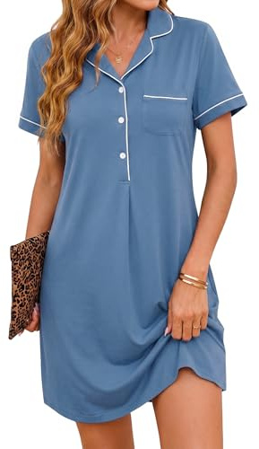 Jahetuul Camisón de Algodón Mujer Manga Corta Verano Pijama con Abertura de Botones y Cuello V Ropa de Dormir con Bolsillo Cómoda y Casual