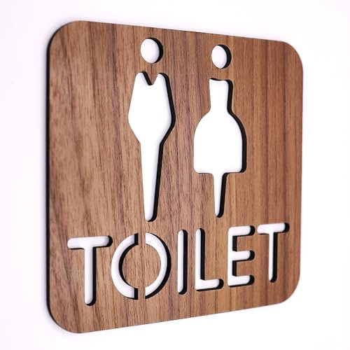 Unisex Walnut Toilet Directional Sign – Wooden Restroom Plaque with Male & Female Icons, Self-Adhesive, Stylish Business-Ready Bathroom Sign for Offices, Restaurants, Cafes, and Commercial Spaces