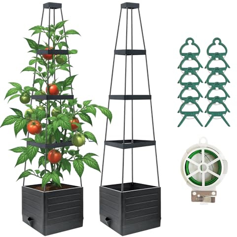 JQTOP 2 Pack Raised Garden Bed Planter Box with Trellis, 58”Tomato Planter with Trellis for Climbing Plants Vegetables Vine Flowers, Self-Watering Tomato Cage for Garden Patio Outdoor & Indoor (2)