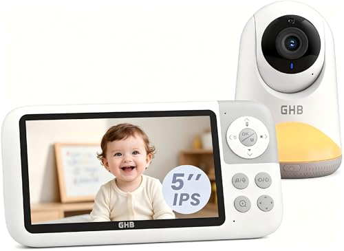 GHB Baby Monitor with Camera and Night Vision, 5 720P HD Video Display with Pan-Tilt-Zoom, Night Light, 2-Way Audio, Temperature Sensor, VOX, Lullabies
