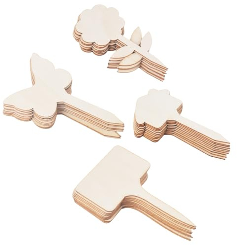MUNSKT 40 Etiquetas de Madera para Jardines - 4 Formas Decorativas (T-Type, Mariposa, Casa, Flor) - Eco-Friendly, Reutilizables, para Hierbas, Verduras y Flores - Interior/Exterior