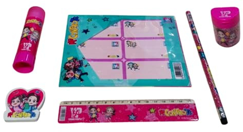 PRESTIGE & DELUXE Set d'écriture scolaire Me contre Te Rose Fuchsia Glitter - pour enfants avec crayon, caoutchouc, stylo, règle, colle, taille-crayon et autocollants pour personnaliser des livres