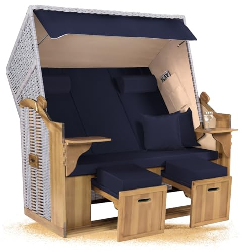 Strandkorb Hanse Ostsee XXL 2,5 Sitzer Volllieger Weiß 150cm breit, ideal für Garten, Terrasse und Balkon (Blau Uni, Zerlegt)