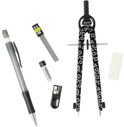 Westcott Zirkel Set Gamer Black | 6-teilig mit Schnellverstellzirkel, Nachfüllminen, Anspitzer, HB Druckbleistift inkl. 12 Minen, Radierer | Zirkel mit Feststellrad | E-711419 00
