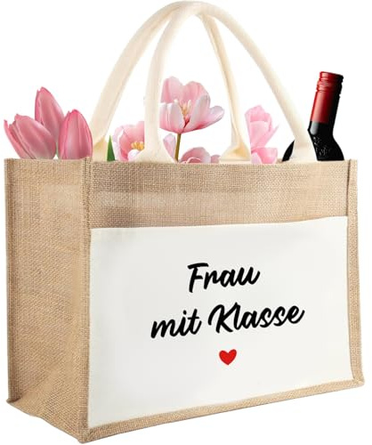 Geschenk für Lehrerin Tasche Eine Frau mit Klasse, Jute Einkaufstasche Shopper Beutel, Geschenk für Frauen Freundin Lehrerin Schwester Erzieherin zum Geburtstag, Jute Tragetasche für Klassenlehrerin