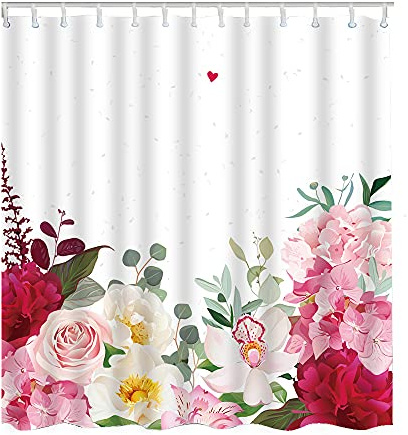 HLBSDM Rideau de Douche imperméable avec 12 Crochets à œillets, Motif pivoines, Roses, hortensias, orchidées, Fleurs mélangées d'automne botaniques, 60 x 72 Pouces, Bordeaux, Rouge, Rose