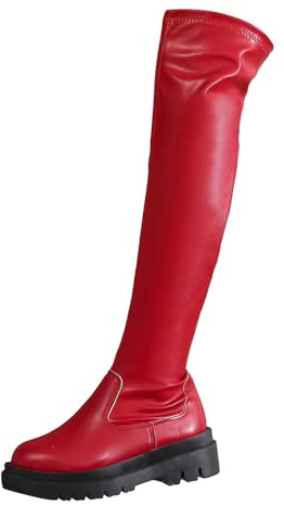 Boots Bottes hautes pour femme en cuir avec semelle épaisse et bout rond, tendance et décontracté, couleur unie, tige haute, élastique, bottines à talons, rouge, 41 EU
