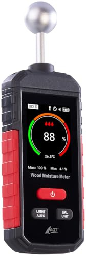 AGT Feuchtigkeitsmessgerät: Akku-Feuchtigkeits-Messgerät, nichtinvasive Messung, Farb-LCD, 5-40 mm (Digitales Feuchtigkeitsmessgerät, Restfeuchtemesser für Holz, LED)