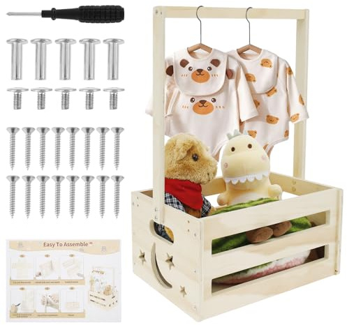 Harupink babykorg i trä, present med handtag, babykorg, presentkorg, nyfödd babyshower, 33 × 17 × 23 cm, babyshower, tvättkorg för födelsedagar, babyparty, gåva, jul, nya föräldrar (D)