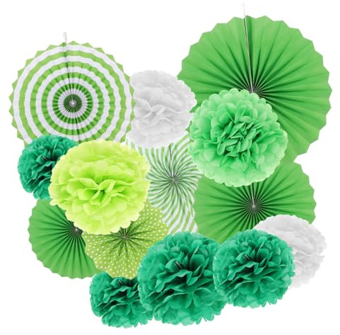 VANZACK 14 Pezzi Ventagli e Pom Pom di Carta Verdi per Decorazioni Festa Compleanno e Nuziale Addobbi Soffitto per Aula e Eventi Accessori Colorati per Shower e Celebrazioni