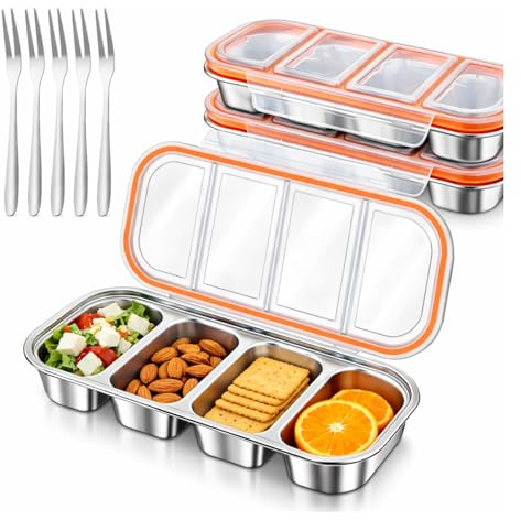 2 Pack 500ml Bento Box with 4 Compartments, Stainless Steel Lunch Box with 6 Forks, Reusable Food Storage Container, Leakproof Snack Box for Adults Kids, Lunch Box with Lid for School Office Travel