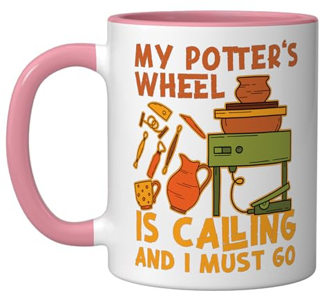Pottery Ceramics Artist My Potter's Wheel Is Calling And I Ceramic Mug, Pink/White