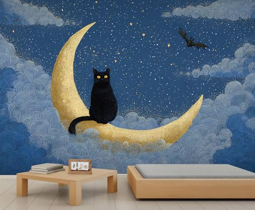 Kindertapete Mond schwarze Katze Fledermaus Kindertapete Sternenhimmel Wolken Wandbild für Mädchen Schlafzimmer Wandbild für Wohnzimmer 500 x 350 cm
