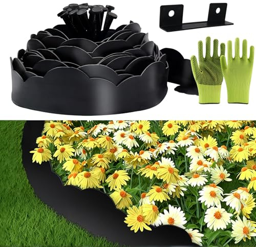 Bordure Jardin Exterieur, Bordure de Jardin Flexible Plastique 7cmx10m, Comprend 30 Pointes d'ancrage et 1 connecteurs Inclus, avec Une Paire de Gants, Bordures Décorative (Noir ondulé, 7cmx10m)