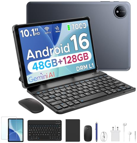 POPUX P10 Tablette 10 Pouces, Tablette Android 16 avec Gemini AI, 48Go+128Go, 7000mAh, Quadri-Coeur T310, 90Hz, 8MP+5MP, WiFi 5, Bluetooth 5.0, Dual Speakers, Tablette avec Clavier, Stylet-Gris