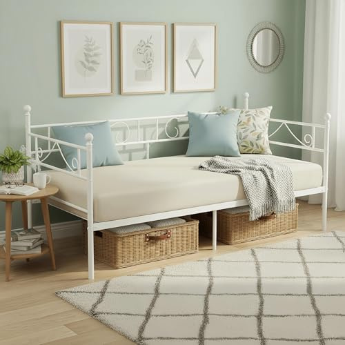 ZECIIYE Tagesbett Metallbett Bettgestell 90x190 cm, Einzelbetten, Daybed mit Edlen Mustern, Bett mit Stauraum, Gästebett Jugendbett Bettsofa für Schlafzimmer Wohnzimmer, Weiß, Metall