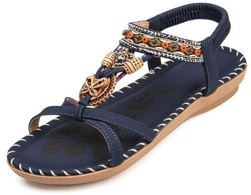 HODTOB Womens Sandals Arch Support Summer Beach Sandals Comfort Walking Orthopedic Bohemian Rhinestones Sandals Blue 4UK