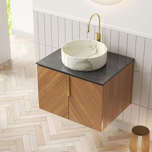 Generisch Waschbeckenunterschrank 61cm, Waschtisch mit Unterschrank & 2 Türen, Wandmontage Badmöbel Set mit weißem Keramikbecken (Steinoptik), Braun-Eiche mit Diagonalsymmetrie