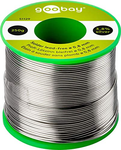 Goobay 51129 Lötzinn bleifrei ø 0,8mm Lötdraht mit Flussmittel, 3.8 % Silber & 0.7 % Kupfer, 217 °C Schmelzpunkt, Löt Zinn bleifreies Löten, 250g