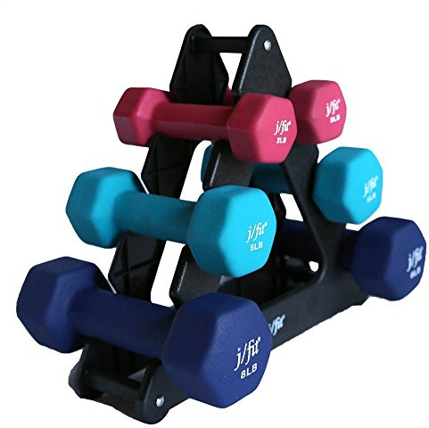 JFIT Dumbbell Set w/Durable Rack, Double Neoprene Coated Workout Weights, Solid Design Rack, 32 LB Set