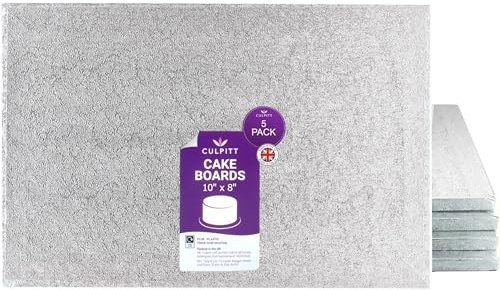 Culpitt 10 x 8 Cake Board | 5 Pack | Oblong Cake Drum, Rectangular, 0.5 Inch (13mm) Thick, Pack of 5 Boards For Tray Bakes, Cakes, And Cupcake Displays | Silver - Pack of 5
