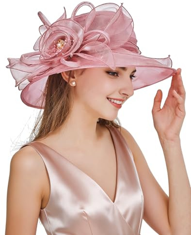 ELLYDOOR Damen Kentucky Derby Hut Organza Eimer Sonnenhut breite Krempe Fascinator Braut Hochzeit Tee Party Hut