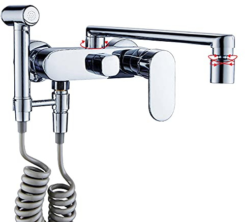 Miscelatore Rubinetto Cucina a Muro con Doccetta Estraibile Bagliore Miscelatore Lavello Cucina Girevole a 360° Rubinetto Miscelatore Rubinetti da Muro-Chrome-Spread._20 Cm.