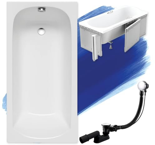 BADLAND Badewanne Original Weiß Acryl Wanne Rechteck CLASSIC SLIM 160x70 KOMPLETTSET SET mit Premium Styroporverkleidung + Füßen und Exklusive Chrom Automatik Ablaufgarnitur Made in EU 4in1